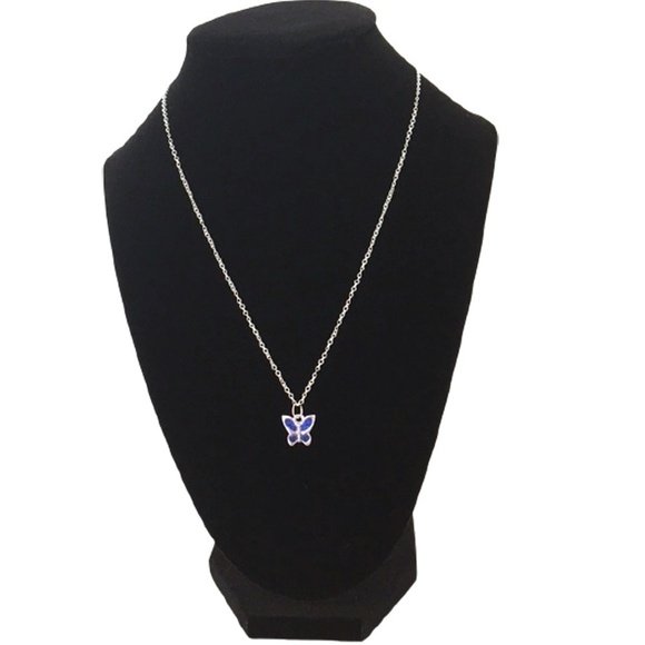 NECKLACE September Birthstone Sapphire Butterfly Pendant Silver Plate Chain - Picture 1 of 6